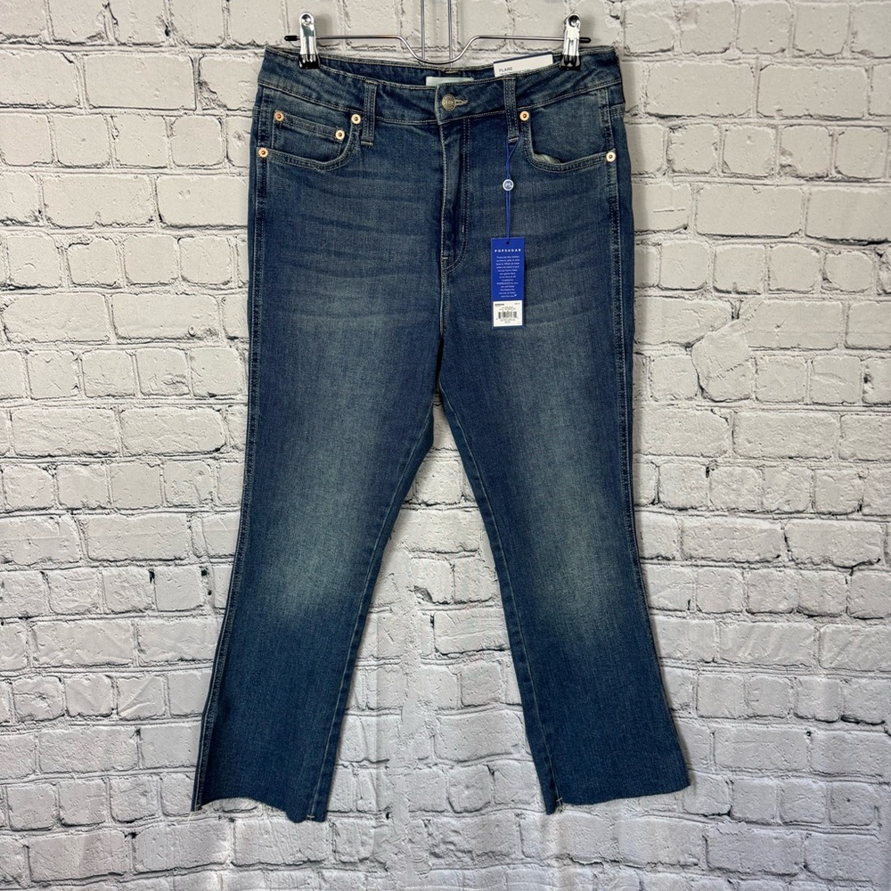 POPSUGAR NWT Denim Crop Flare High Rise Jeans Medium Wash Raw Hem Size 12